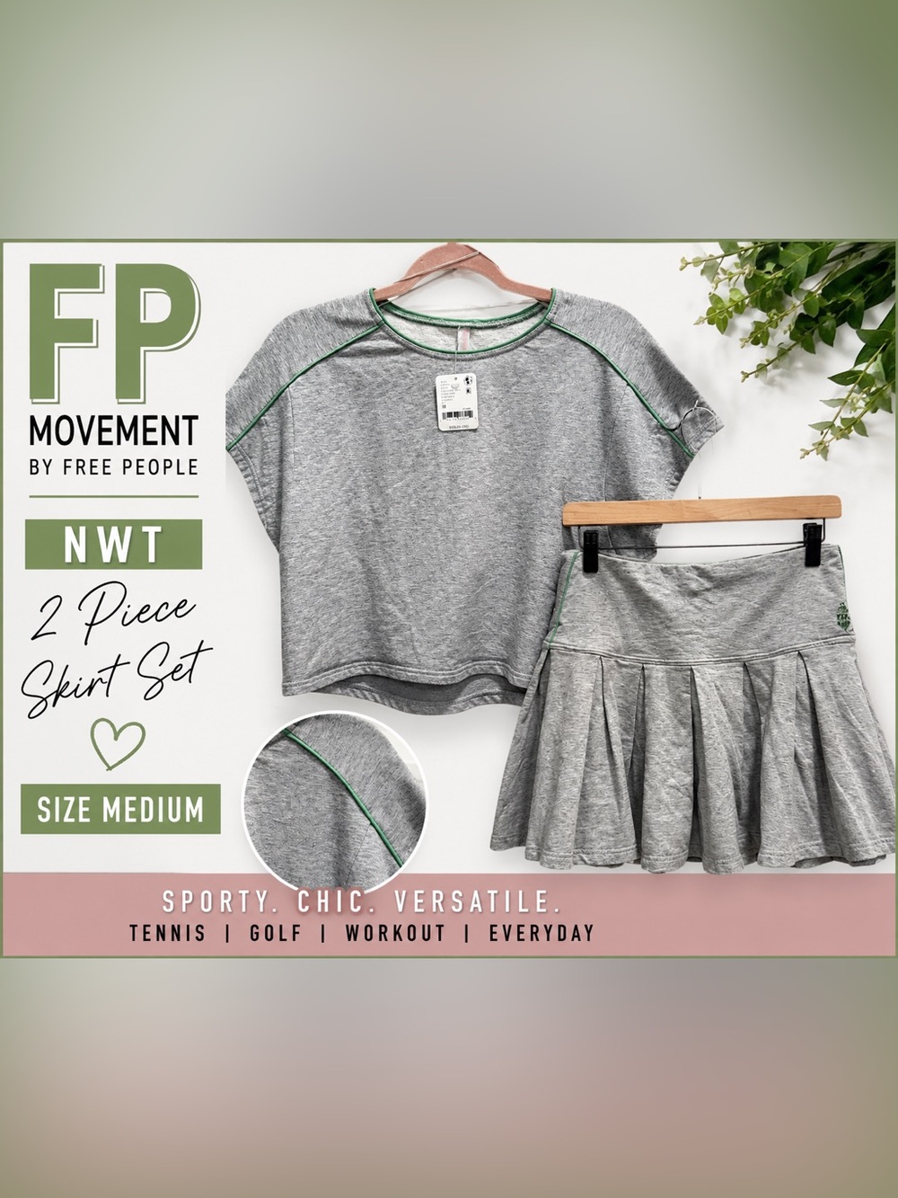 NWT FP Movement Free People Gray Green Trim Pleated Skirt Set Medium